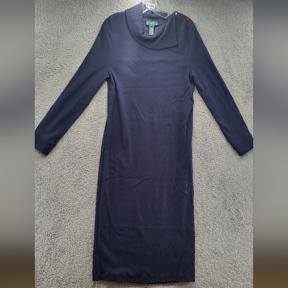 Vintage Ralph Lauren Navy Blue Cotton Dress Large Longsleeve